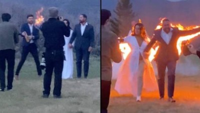 لكسر الملل .. عروسان يضرمان النار بجسديهما بحفل الزفاف والسبب صادم 